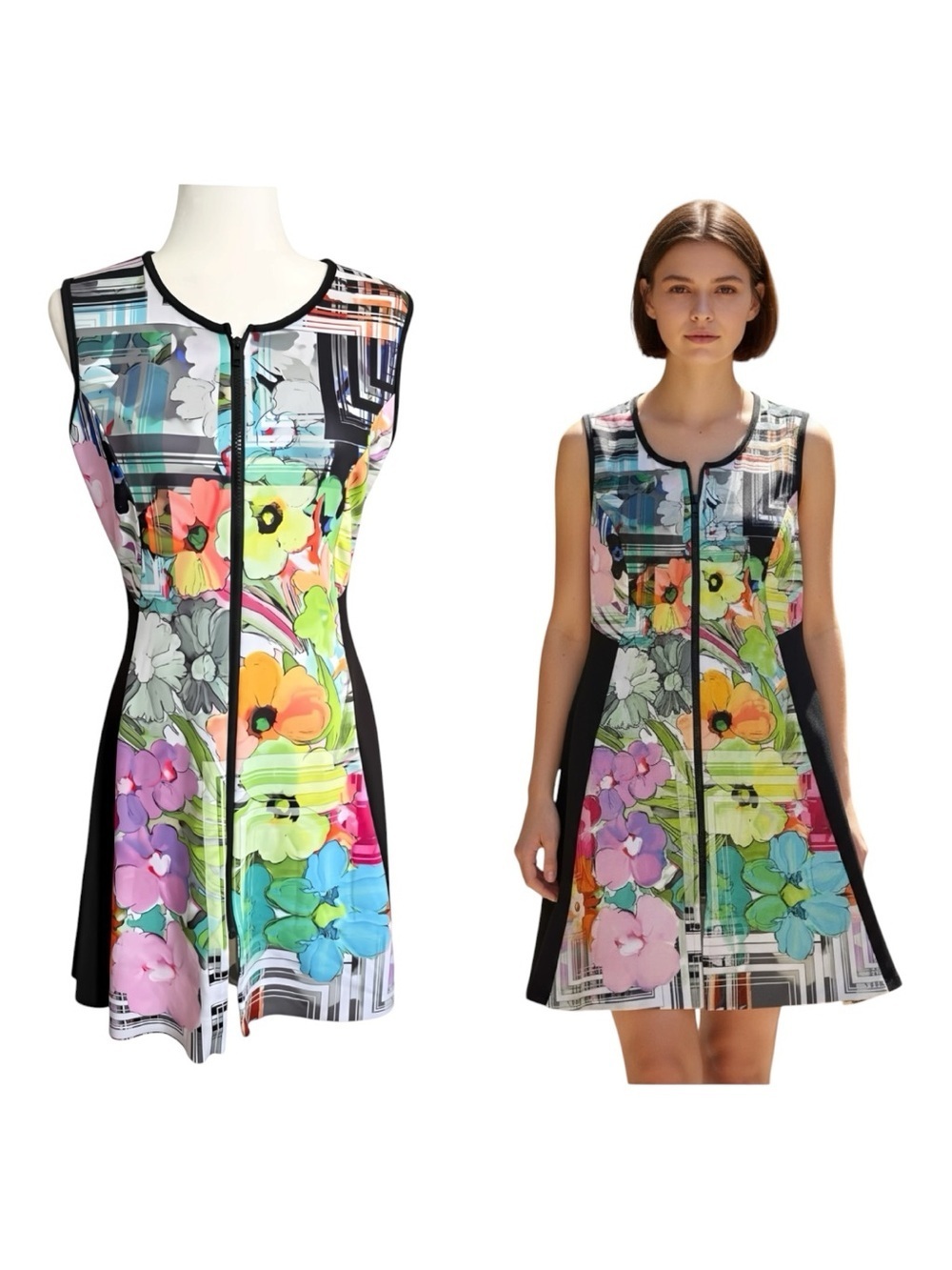 Cocoom Floral Scuba Dress L Sleeveless Zip Front Fit Flare Colorblock Stretch